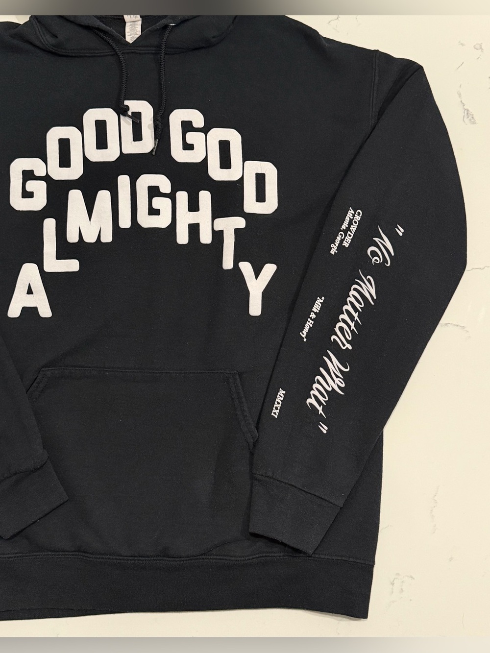 Jerzees Black Hoodie with White 'Good God Almighty' Graphic